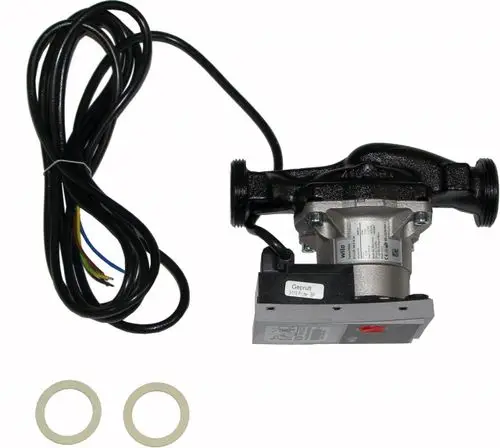 Wolf Pumpe mit einem schwarzen Gehäuse, elektrischem Anschluss und zwei Anschlüssen, geliefert mit zwei Dichtungen. Flexibles Kabel für die Installation.